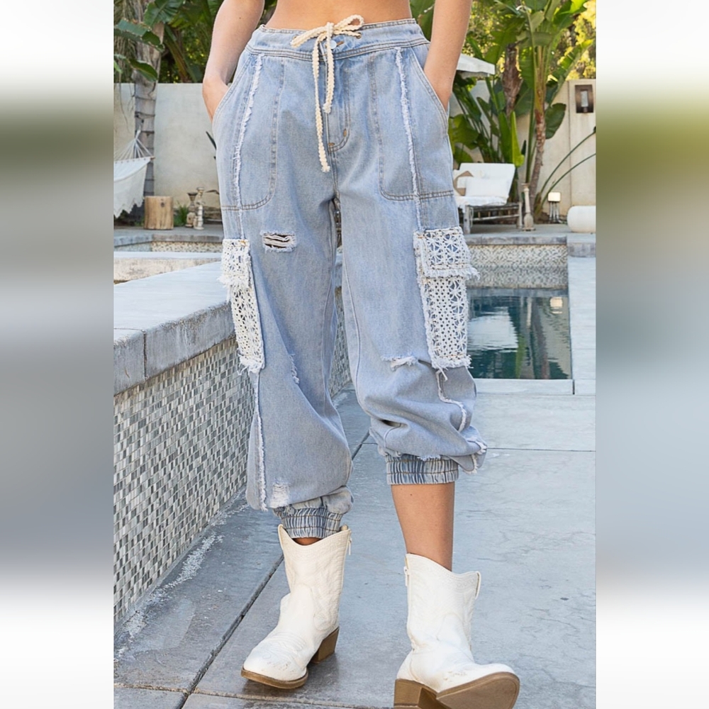 New! POL Crochet Lace Denim Cargo Joggers - Picture 7 of 8